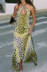Yellow Street Print Hollowed Out Patchwork Halter Irregular Dresses
