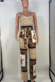 Leopard Print Casual Print Bandage Patchwork Slit Spaghetti Strap Loose Jumpsuits