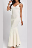 White Elegant Solid Patchwork Backless U Neck Trumpet Mermaid Dresses