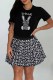 Black Casual Letter Patchwork O Neck Short Sleeve Two Pieces