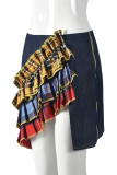 Colour Street Plaid Color Block Patchwork Contrast High Waist Regular Denim Skirts