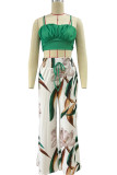 Green Casual Print Draw String Fold Spaghetti Strap Sleeveless Two Pieces