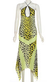 Yellow Street Print Hollowed Out Patchwork Halter Irregular Dresses