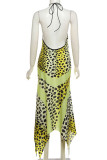 Yellow Street Print Hollowed Out Patchwork Halter Irregular Dresses