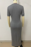 Grey Casual Street Solid Patchwork Pocket O Neck Long Dresses