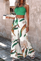 Green Casual Print Draw String Fold Spaghetti Strap Sleeveless Two Pieces