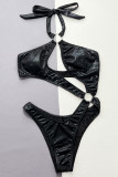 Black Sportswear Animal Print Bandage Hollowed Out Patchwork Swimwears(With Paddings)
