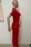 Red Casual Street Solid Patchwork Pocket O Neck Long Dresses