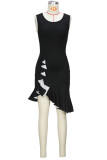 Black Elegant Patchwork O Neck Irregular Dresses