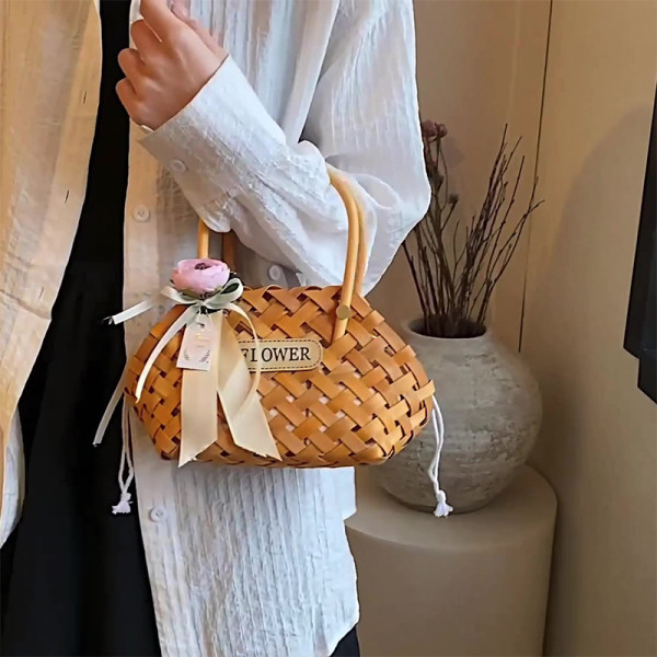 Dark Brown Daily Print Patchwork Weave Bags