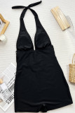 Black Sportswear Solid Hollowed Out Patchwork Swimwears(With Paddings)