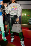 Light Gray Casual Print Patchwork O Neck Tops