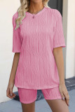 Pink Casual Striped Patchwork O Neck Half Sleeve Two Pieces