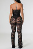 Black Sexy Solid Lace Patchwork See-through With Bow Strapless Sleeveless Two Pieces