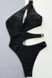 Black Sportswear Solid Hollowed Out Patchwork Swimwears(With Paddings)