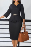 Blue Elegant Solid Patchwork Slit With Belt Asymmetrical Collar Pencil Skirt Dresses
