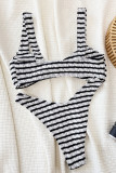 Black White Sportswear Striped Patchwork Contrast Swimwears(With Paddings)