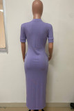 Purple Casual Street Solid Patchwork Pocket O Neck Long Dresses