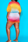 Colour Street Gradient Patchwork Draw String Pocket Buckle V Neck Plus Size Two Pieces
