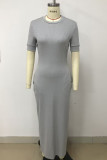 Grey Casual Street Solid Patchwork Pocket O Neck Long Dresses