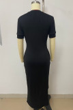 Black Casual Street Solid Patchwork Pocket O Neck Long Dresses