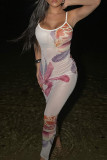 White Sweet Print Patchwork Backless Spaghetti Strap Sling Dresses
