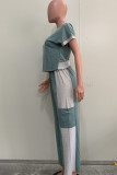 Lake Blue Elegant Patchwork Pocket O Neck Short Sleeve Two Pieces
