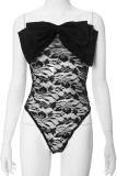 Black Sexy Solid Lace Patchwork See-through With Bow Strapless Sleeveless Two Pieces