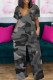 Grey Elegant Gradient Camouflage Print Patchwork Pocket V Neck Loose Jumpsuits