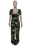 Grey Elegant Gradient Camouflage Print Patchwork Pocket V Neck Loose Jumpsuits