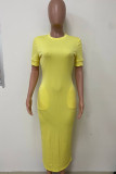 Lemon Yellow Casual Street Solid Patchwork Pocket O Neck Long Dresses