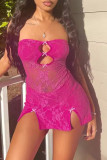 Rose Red Street Solid Lace Hollowed Out Patchwork See-through Slit Strapless Wrapped Skirt Dresses