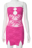 Rose Red Street Solid Lace Hollowed Out Patchwork See-through Slit Strapless Wrapped Skirt Dresses