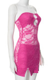 Rose Red Street Solid Lace Hollowed Out Patchwork See-through Slit Strapless Wrapped Skirt Dresses