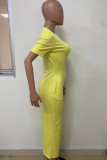 Lemon Yellow Casual Street Solid Patchwork Pocket O Neck Long Dresses