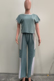 Lake Blue Elegant Patchwork Pocket O Neck Short Sleeve Two Pieces
