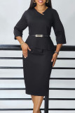 Blue Elegant Solid Patchwork Slit With Belt Asymmetrical Collar Pencil Skirt Dresses