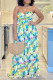 White Celebrities Print Patchwork Fold Strapless Loose Jumpsuits