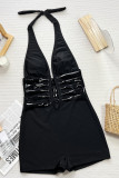 Black Sportswear Solid Hollowed Out Patchwork Swimwears(With Paddings)