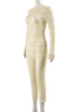 Apricot Street Solid Patchwork See-through Backless O Neck Skinny Rompers