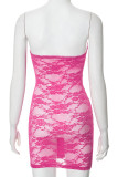 Rose Red Street Solid Lace Hollowed Out Patchwork See-through Slit Strapless Wrapped Skirt Dresses