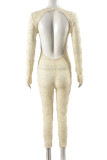 Apricot Street Solid Patchwork See-through Backless O Neck Skinny Rompers