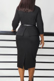 Black Elegant Solid Patchwork Slit With Belt Asymmetrical Collar Pencil Skirt Dresses