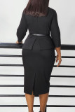 Blue Elegant Solid Patchwork Slit With Belt Asymmetrical Collar Pencil Skirt Dresses