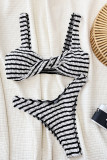 Black White Sportswear Striped Patchwork Contrast Swimwears(With Paddings)