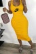 Yellow Casual Print Letter U Neck One Step Skirt Dresses