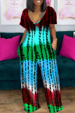 Grey Elegant Gradient Camouflage Print Patchwork Pocket V Neck Loose Jumpsuits