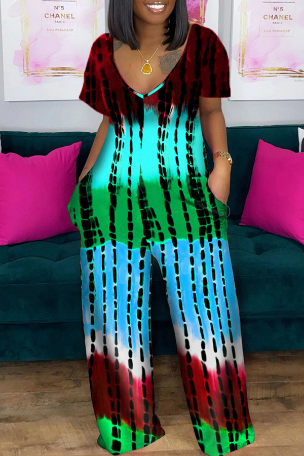 Blue Elegant Gradient Camouflage Print Patchwork Pocket V Neck Loose Jumpsuits