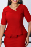 Blue Elegant Solid Patchwork Slit With Belt Asymmetrical Collar Pencil Skirt Dresses