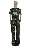 Army Green Elegant Gradient Camouflage Print Patchwork Pocket V Neck Loose Jumpsuits